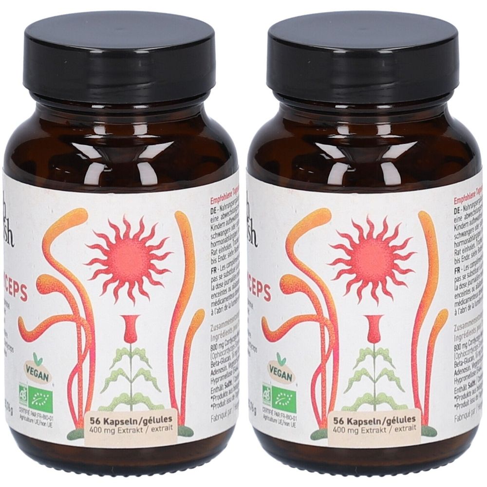 Zwei braune Glasflaschen mit schwarzen Deckeln. Etiketten mit orangefarbenen Illustrationen und Text. Aufschrift: 56 Kapseln/gélules, 400 mg Extrakt/extrait.