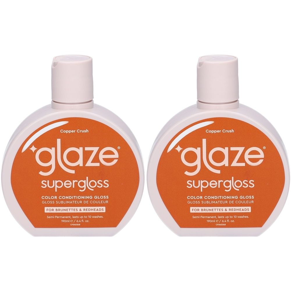 Deux flacons avec bouchon blanc et étiquette orange. Inscription : glaze supergloss, Copper Crush, pour brunes et rousses.
