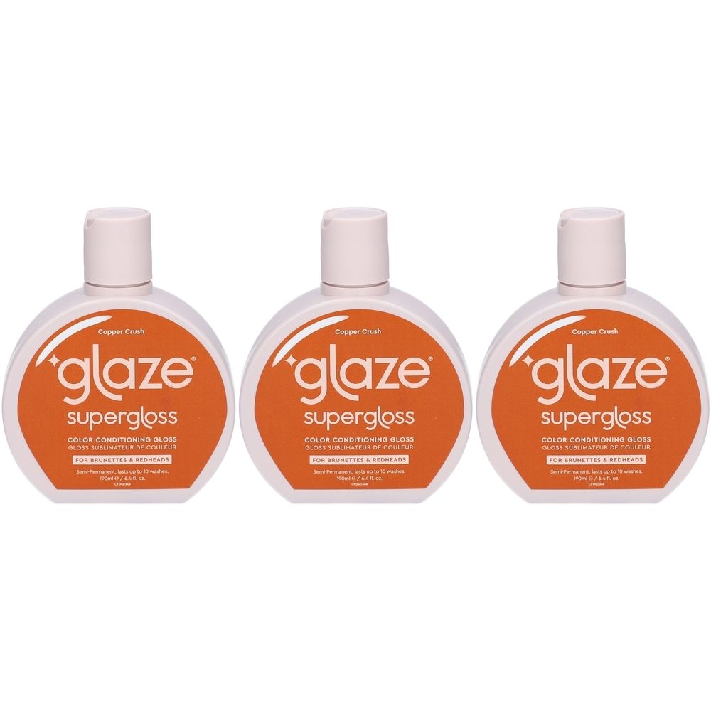 Trois flacons Glaze Supergloss Copper Crush. Brillance couleur pour brunes et rousses. Flacons blancs avec étiquette orange.