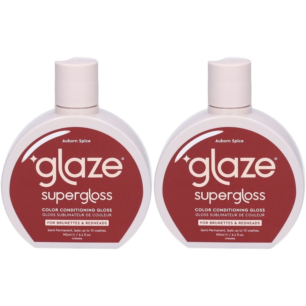 Deux flacons blancs avec bouchon rose. Sur fond rouge, texte "glaze supergloss". Inscription : "Auburn Spice", "Color Conditioning Gloss".