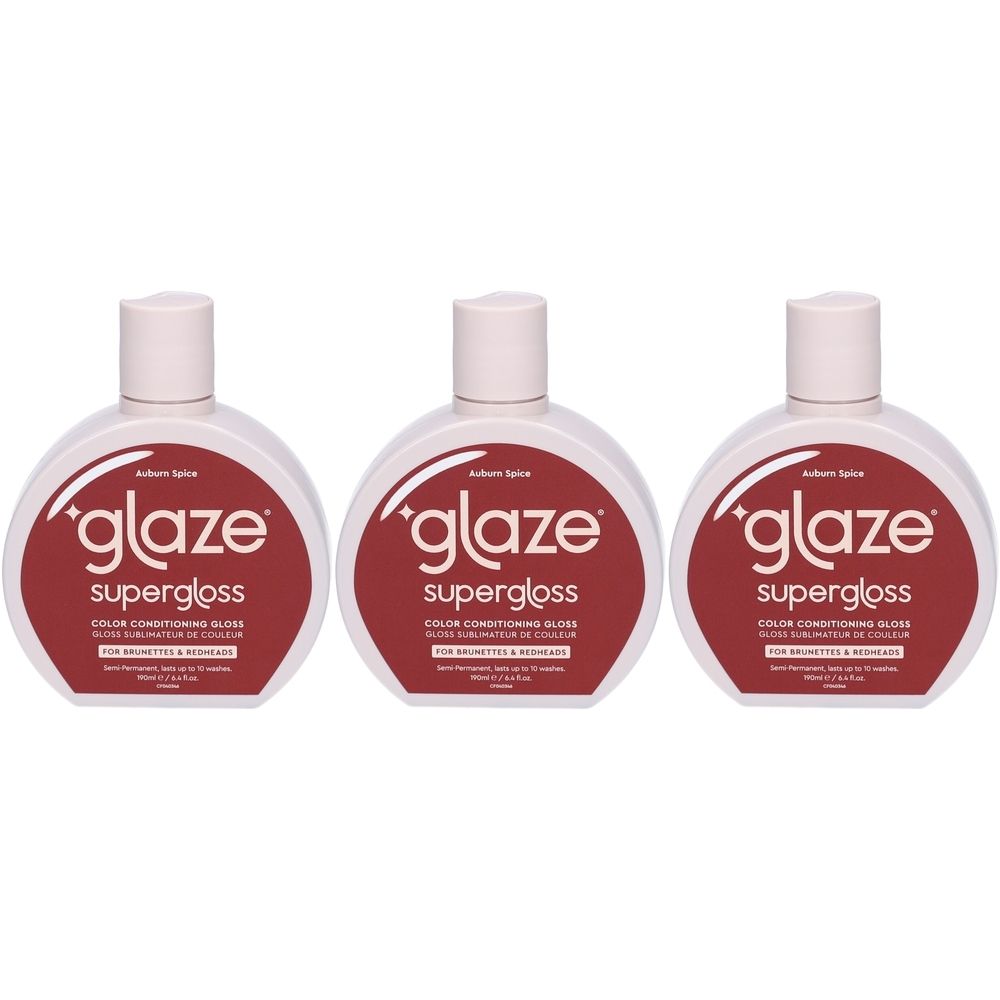 Trois flacons Glaze Supergloss Auburn Spice. Brillance couleur pour brunes et rousses. Flacons ronds, bouchon blanc, étiquette rouge.