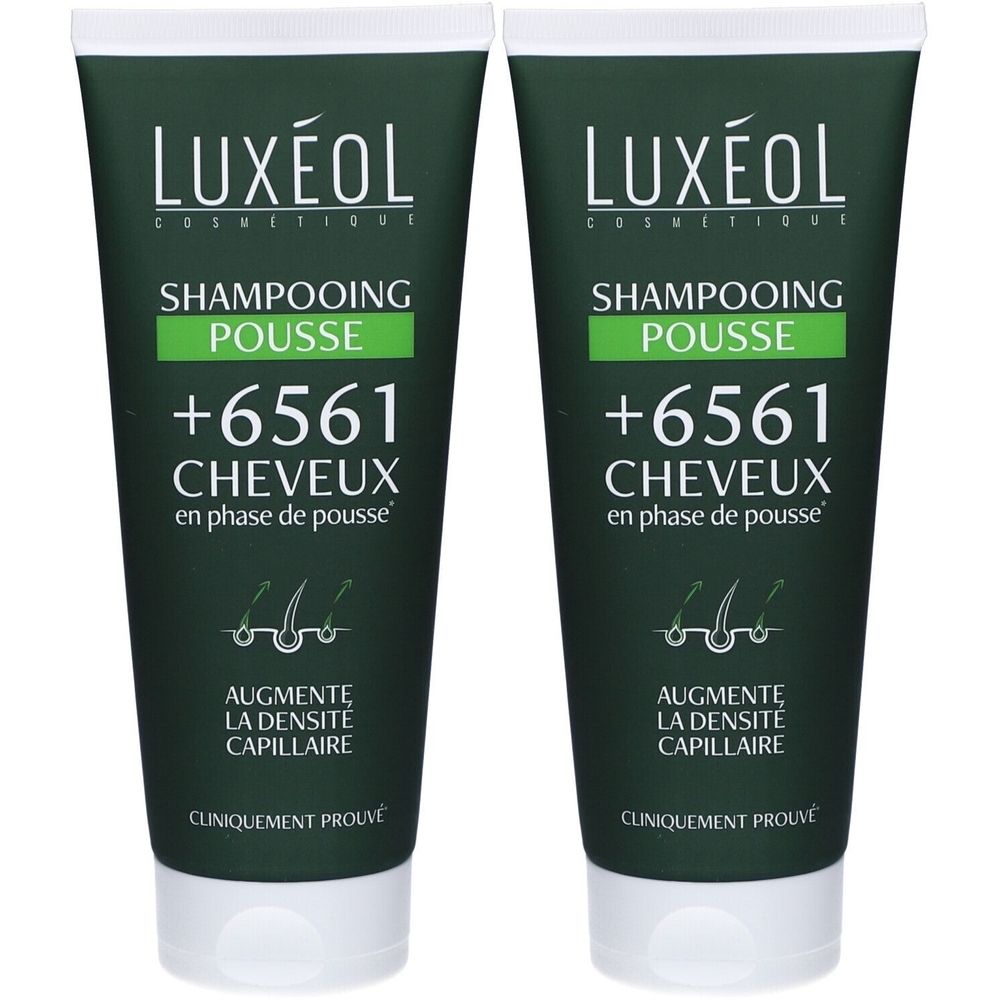 Deux tubes de shampooing verts. Inscription: LUXÉOL, Shampooing Pousse, +6561 Cheveux, Augmente la densité capillaire. Cliniquement prouvé.