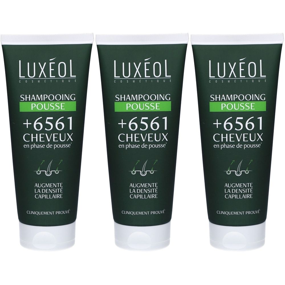 Trois tubes de shampooing LUXÉOL. Tubes vert foncé avec texte blanc. Inscription: Shampooing Pousse, +6561 Cheveux, Augmente la densité capillaire.