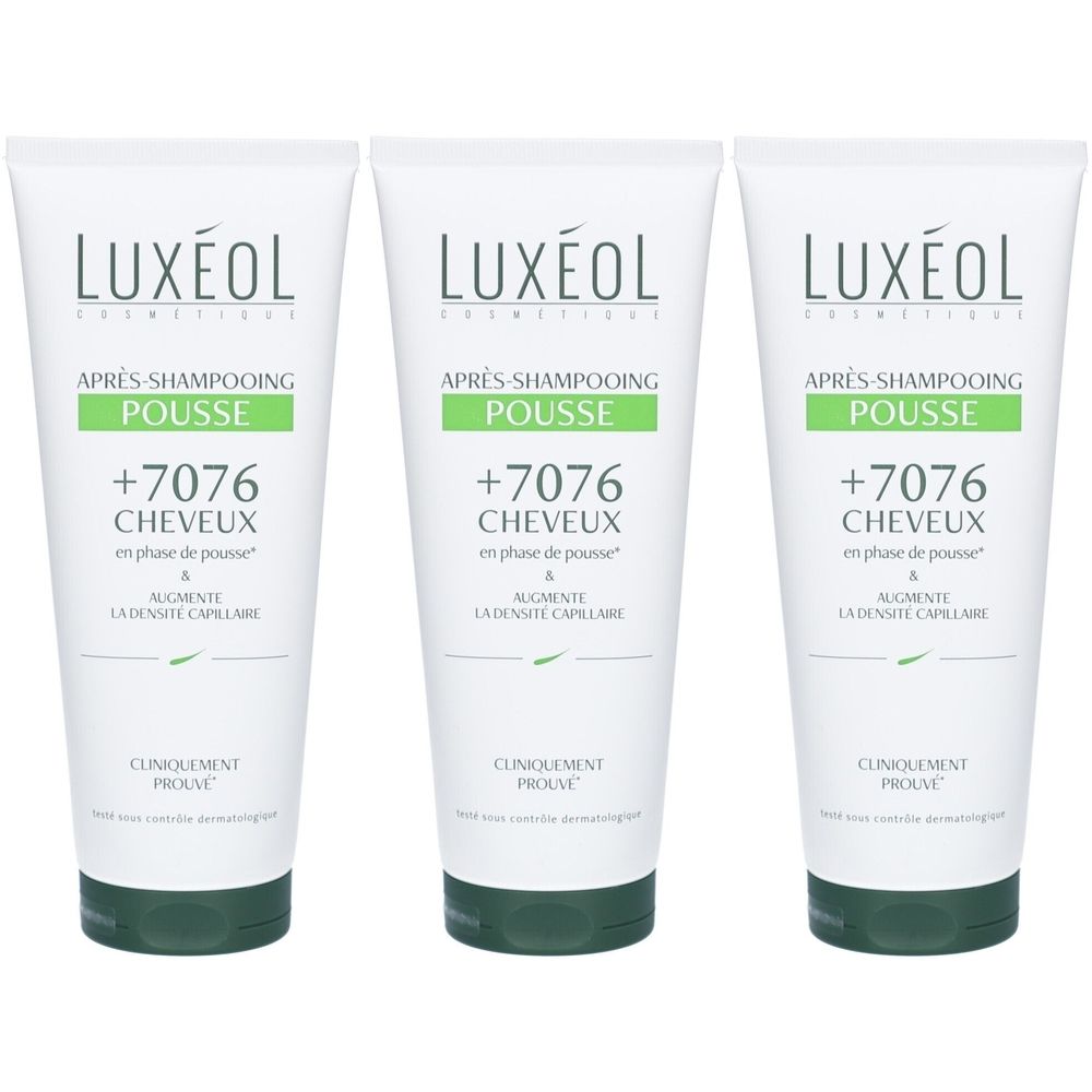 Drei Tuben Haarspülung. Weiß mit grünen Akzenten. Aufschrift: LUXÉOL, APRES-SHAMPOOING POUSSE, +7076 CHEVEUX, AUGMENTE LA DENSITE CAPILLAIRE.