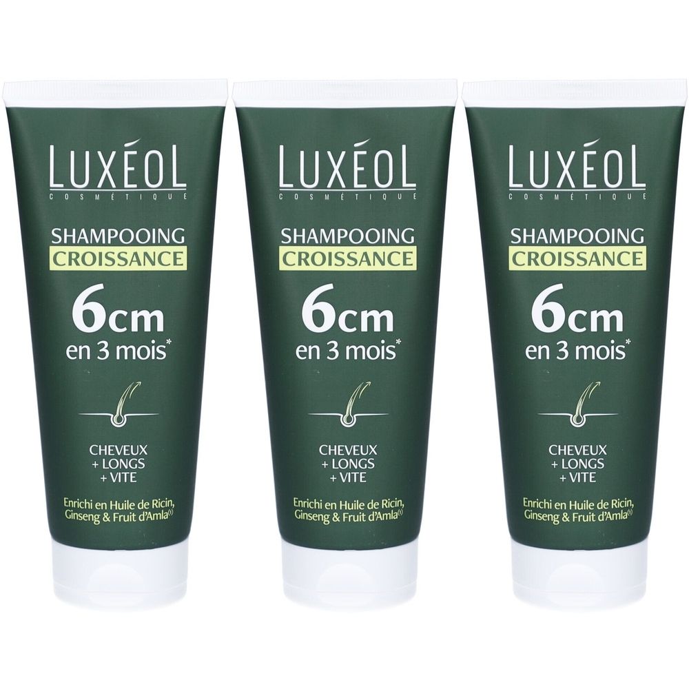 Drei grüne Tuben Shampoo. Auf jeder steht "LUXÉOL", "SHAMPOOING CROISSANCE", "6cm en 3 mois" und "CHEVEUX + LONGS + VITE".