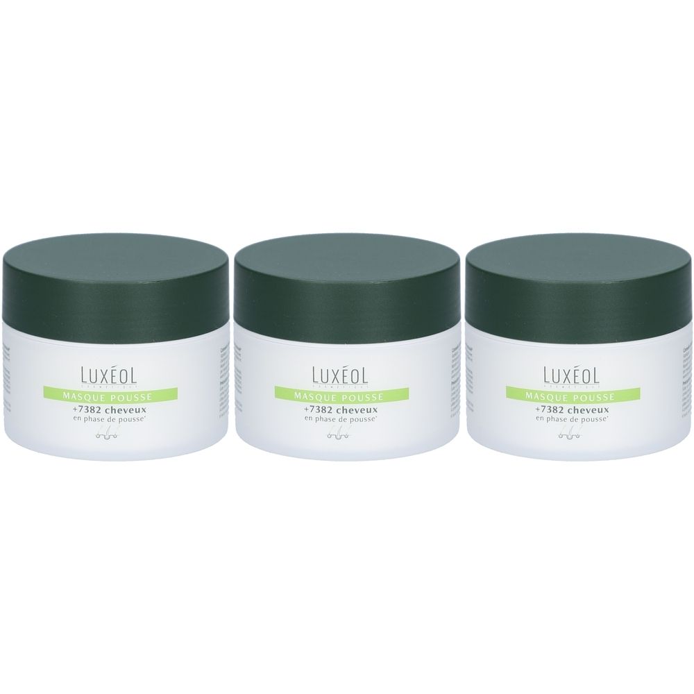Drei runde Tiegel mit grünem Deckel. Aufschrift LUXÉOL, MASQUE POUSSE, +7382 cheveux, en phase de pousse.