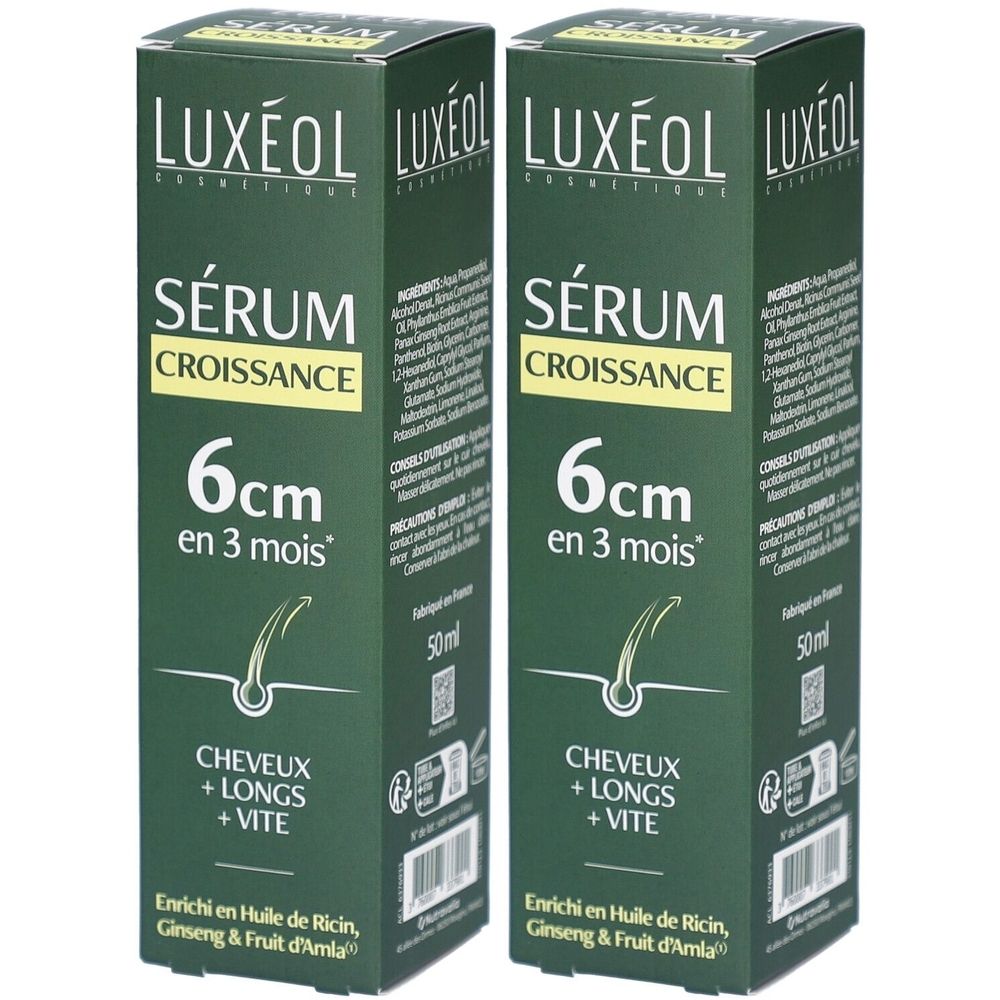 Zwei grüne Schachteln mit LUXÉOL Serum. Aufschrift: Sérum Croissance, 6cm in 3 mois. Enthält Ricinusöl, Ginseng & Amla-Frucht.