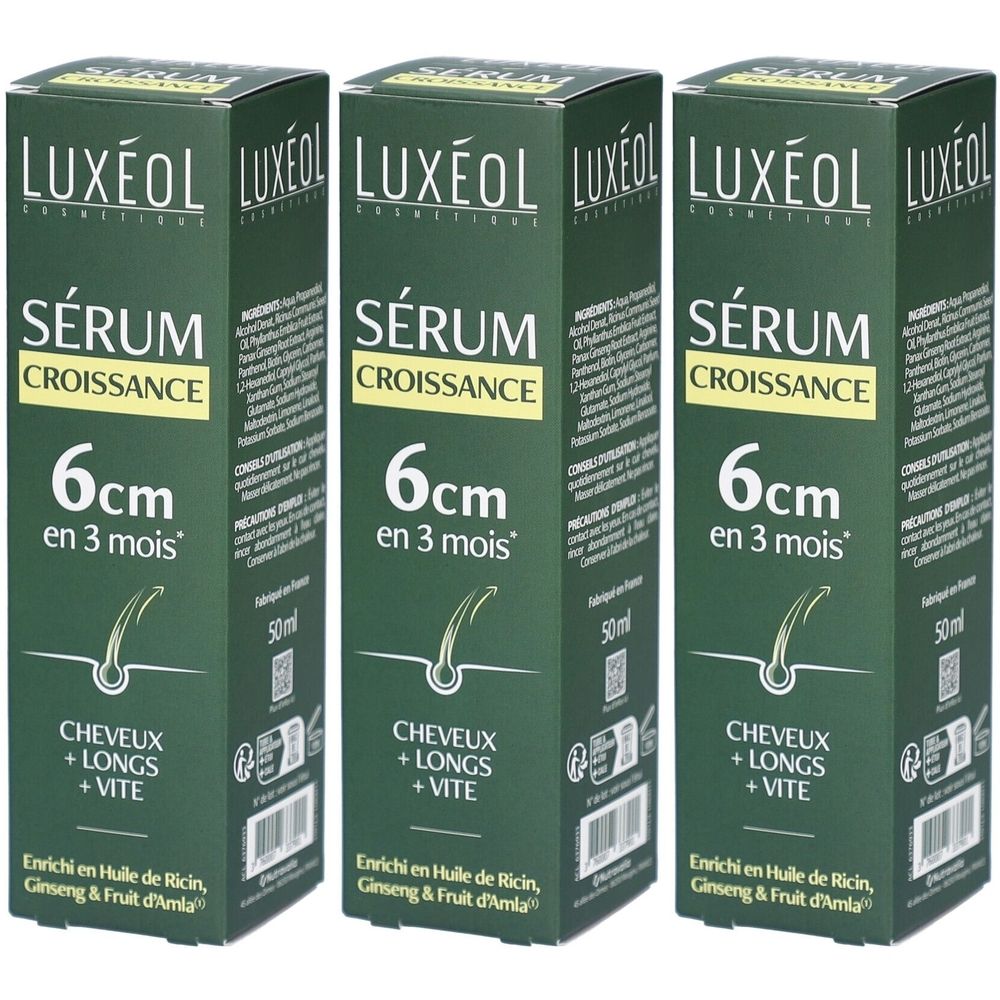 Drei grüne Kartons mit LUXÉOL Serum. Aufschrift: SÉRUM CROISSANCE, 6cm en 3 mois. Enthält Ricinusöl, Ginseng und Amla.