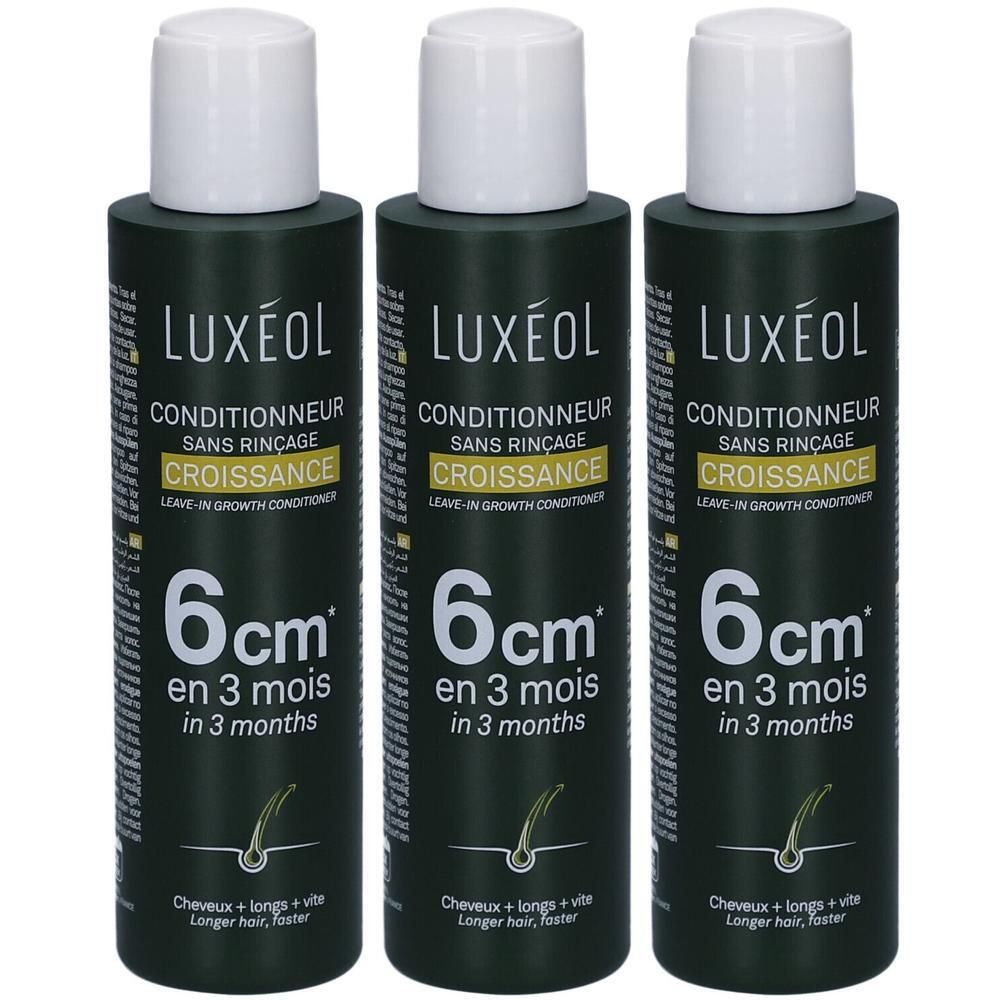 Trois flacons de revitalisant avec bouchon blanc. Inscription: LUXÉOL, Conditionneur sans rinçage, Croissance, 6 cm en 3 mois.
