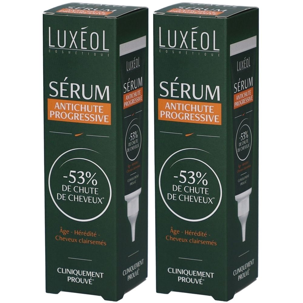 Deux boîtes vertes. Inscription: LUXÉOL Sérum Antichute Progressive, -53% de chute de cheveux. Cliniquement prouvé.