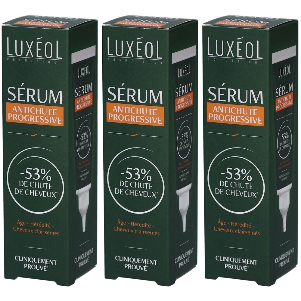 Trois boîtes vertes. Inscription: LUXÉOL Sérum Antichute Progressive, -53% de chute de cheveux. Cliniquement prouvé.