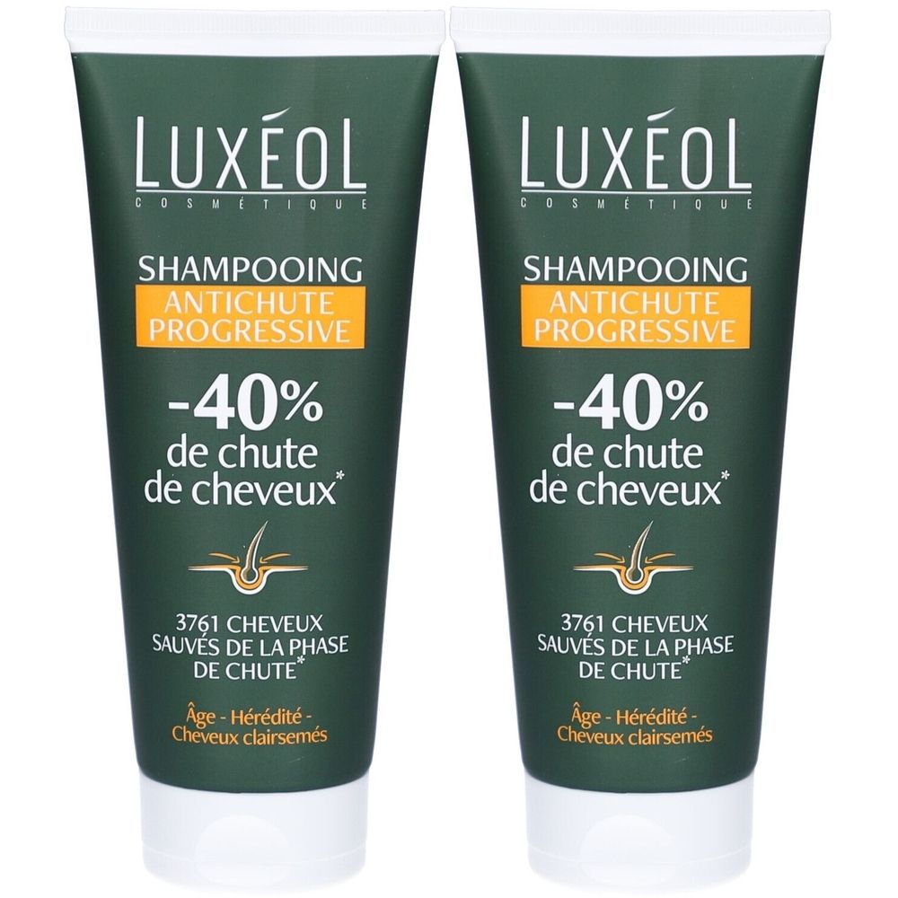 Zwei grüne Tuben LUXÉOL Shampoo. Aufschrift: -40% Haarausfall, Shampooing Antichute Progressive. Weiße Kappe.