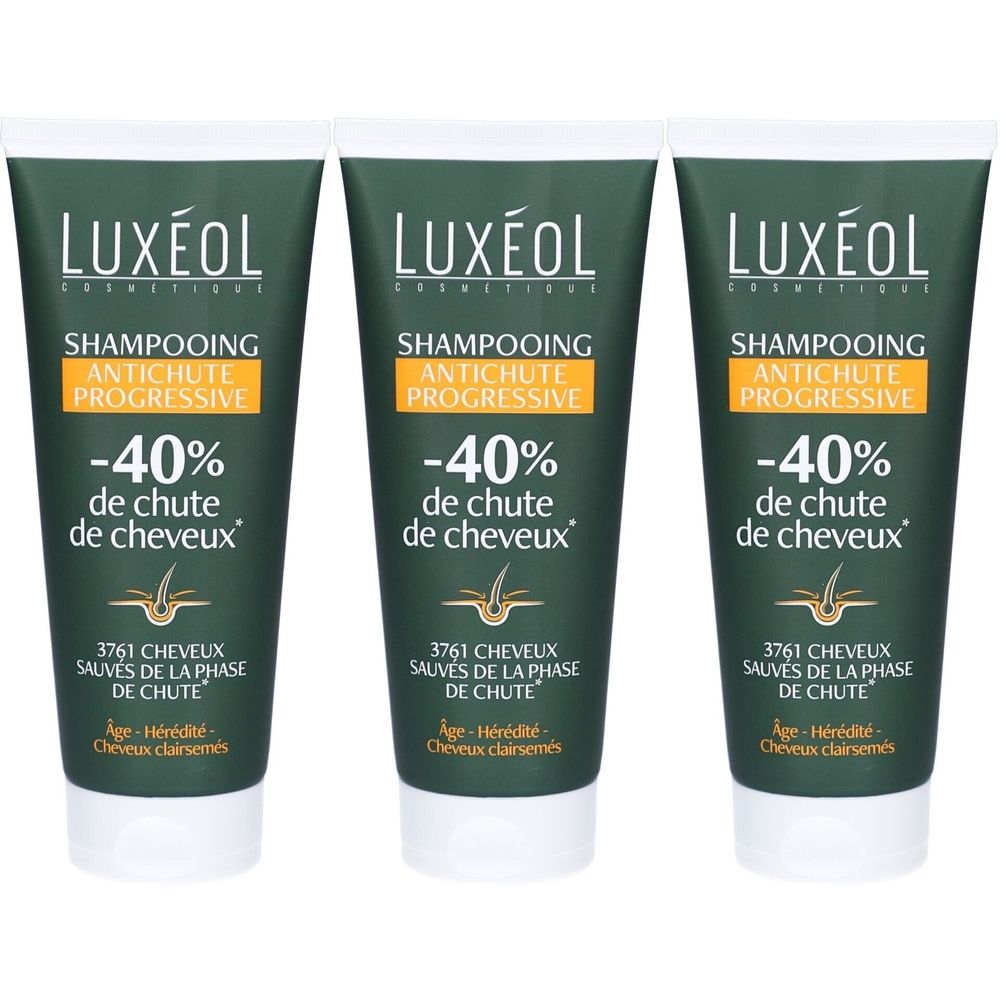 Drei grüne Tuben Shampoo. Auf jeder steht LUXÉOL, Shampoo Antichute Progressive, -40% de chute de cheveux. Text und Logo.