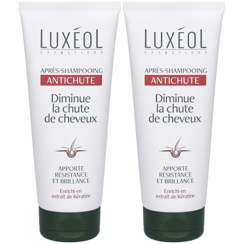 Deux tubes blancs. Inscription: LUXÉOL, Après-Shampooing Antichute, Diminue la chute de cheveux. Enrichi en kératine.