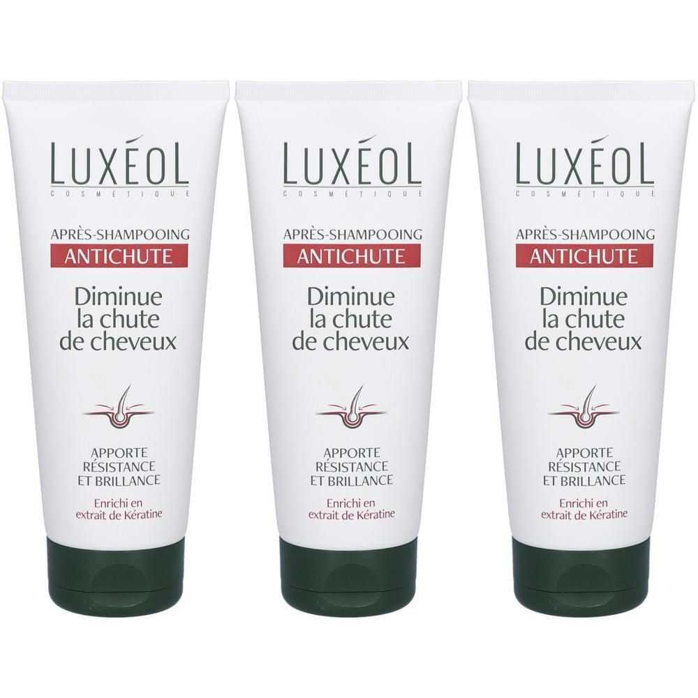 Trois tubes blancs avec bouchons verts. Inscription: LUXÉOL, Après-Shampooing, Antichute, Diminue la chute de cheveux. Enrichi en kératine.