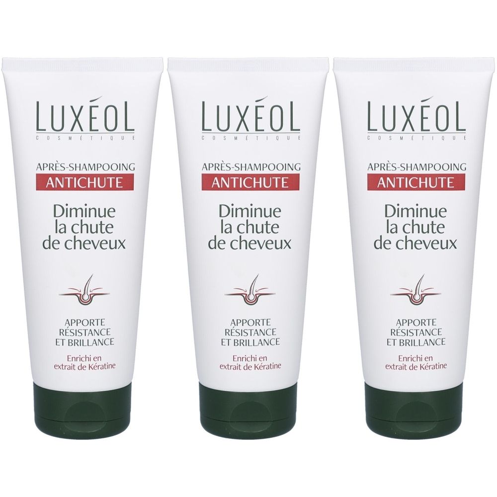 Trois tubes blancs avec bouchon vert. Inscription LUXÉOL, ANTICHUTE, Diminue la chute de cheveux. Contient de la kératine.