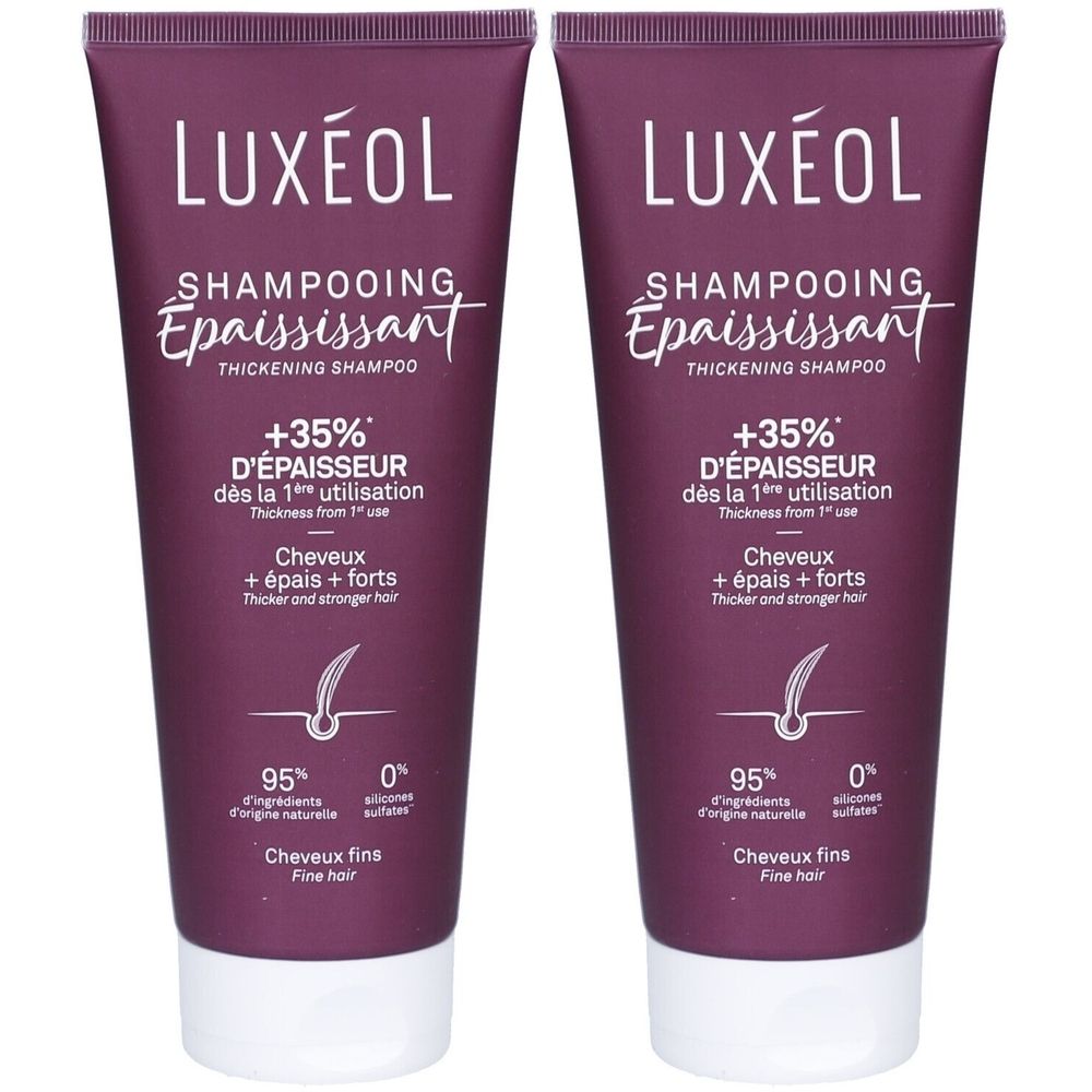 Zwei Tuben LUXÉOL Shampoo. Aufschrift: Épaississant, +35% D'ÉPAISSEUR, Cheveux fins. Lila Tuben mit weißer Schrift.