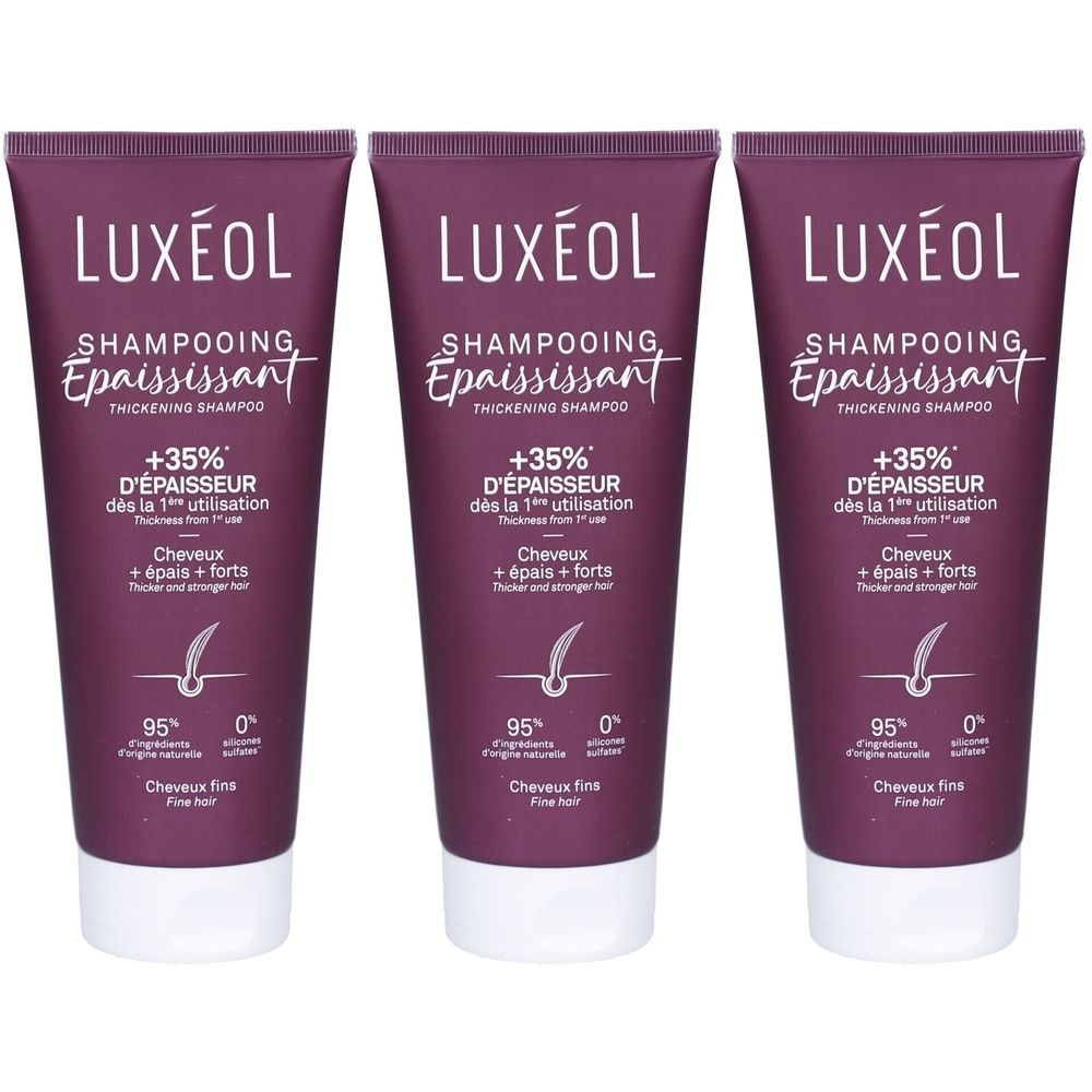 Drei Tuben LUXÉOL Shampoo, verdickend für feines Haar. Lila Tuben mit weißem Deckel. Text: +35% Dicke, Shampooing Epaississant.
