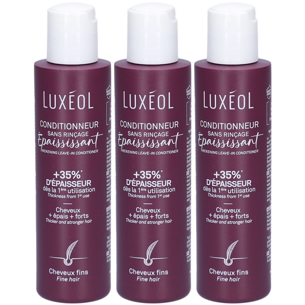 Drei Flaschen LUXÉOL Conditioner ohne Ausspülen. Lila Flaschen mit weißem Deckel. Text: Conditioner, verdickend, +35% mehr Volumen.