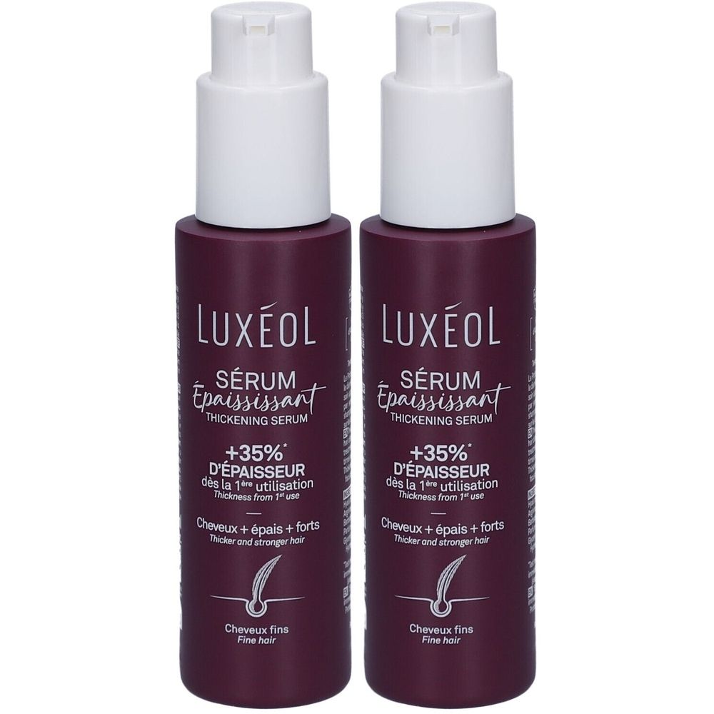 Deux flacons de sérum LUXÉOL. Flacons violets foncés avec pompe blanche. Texte : Sérum, +35% d'épaisseur, pour cheveux fins.