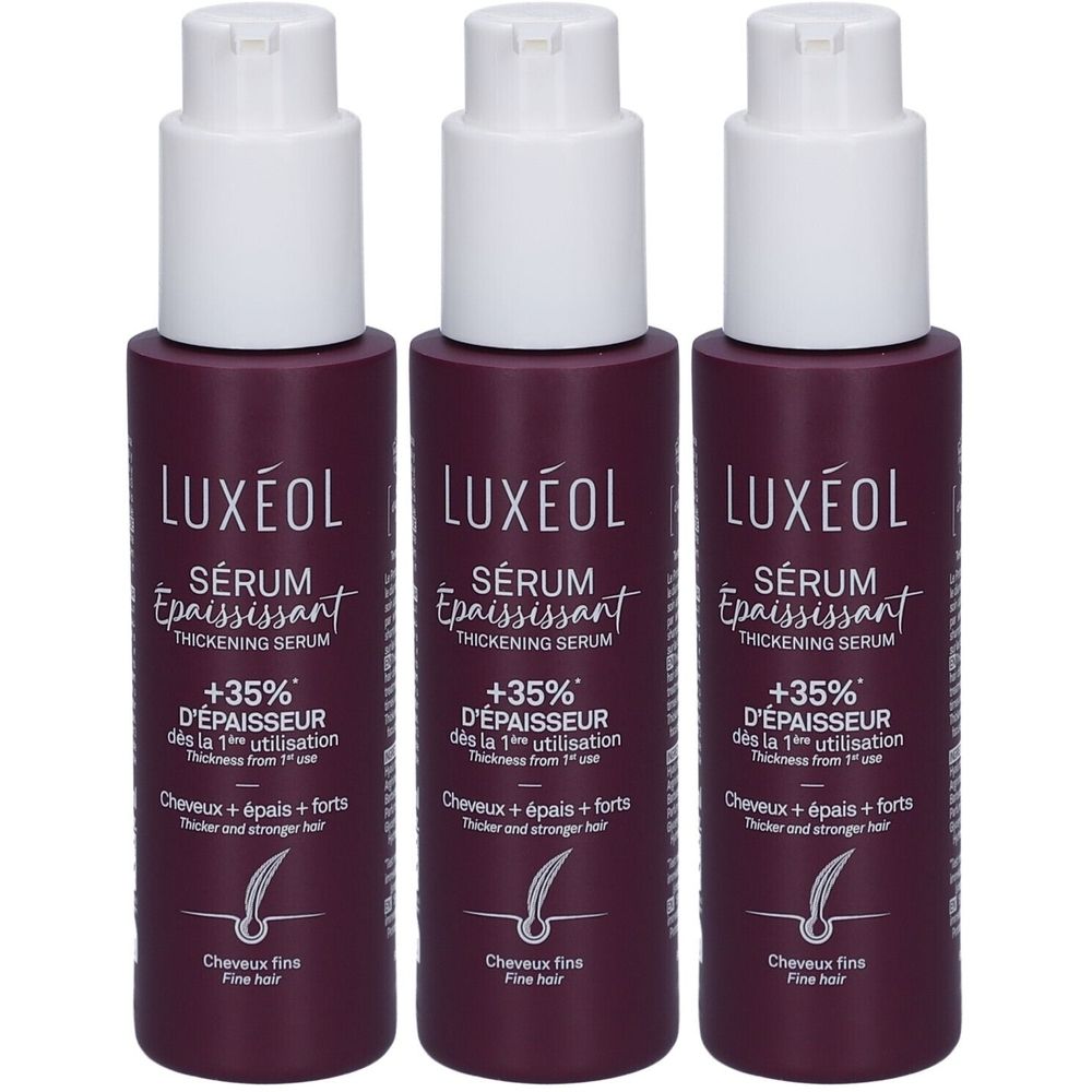 Trois flacons de sérum LUXÉOL. Flacons bordeaux avec pompe blanche. Texte: Sérum Épaississant, +35% D'ÉPAISSEUR, pour cheveux fins.