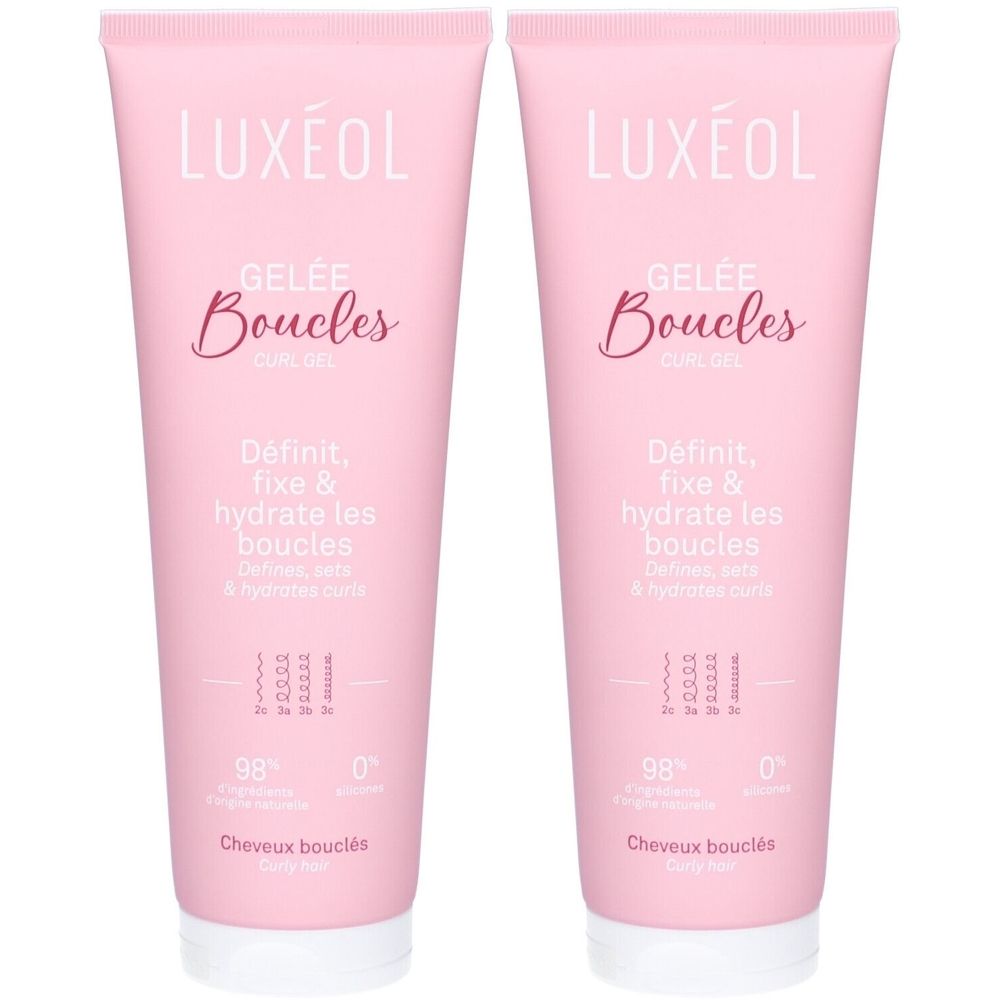 Zwei rosa Tuben LUXÉOL Gelée Boucles. Aufschrift: Définit, fixe & hydrate les boucles. Für lockiges Haar.