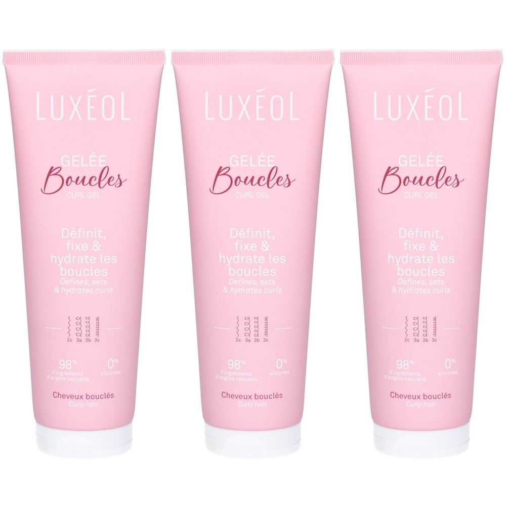 Drei rosa Tuben mit weißer Schrift. Auf jeder Tube steht LUXÉOL, GELÉE Boucles, und weitere Produktinformationen.