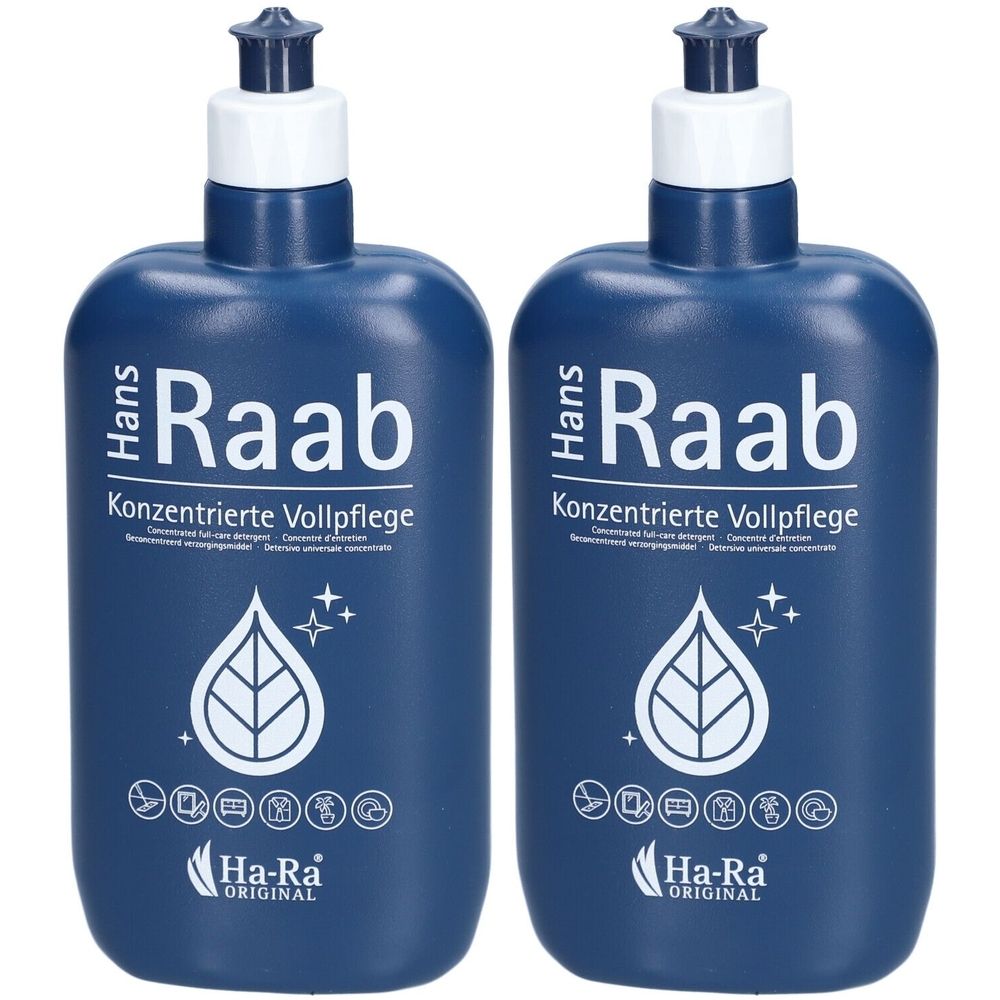 Zwei blaue Flaschen mit weißem Deckel. Aufschrift: Hans Raab, Konzentrierte Vollpflege. Logo: Tropfen mit Blättern, Ha-Ra Original.