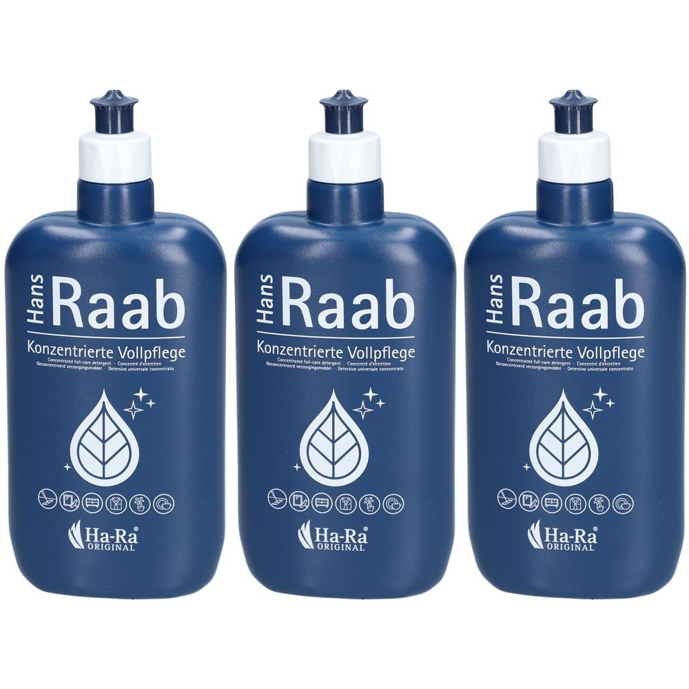 Drei blaue Flaschen mit weißem Deckel. Aufschrift: Hans Raab, Konzentrierte Vollpflege, Ha-Ra Original. Logo: Blatt in Tropfen.