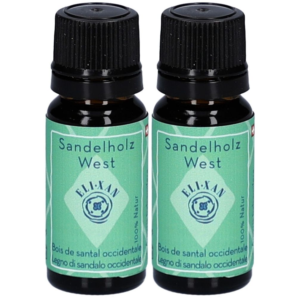 Zwei braune Glasflaschen mit schwarzem Deckel. Etikett mit Produktnamen und Logo. Text: Sandelholz West, ELI-XAN, 100% Natur.