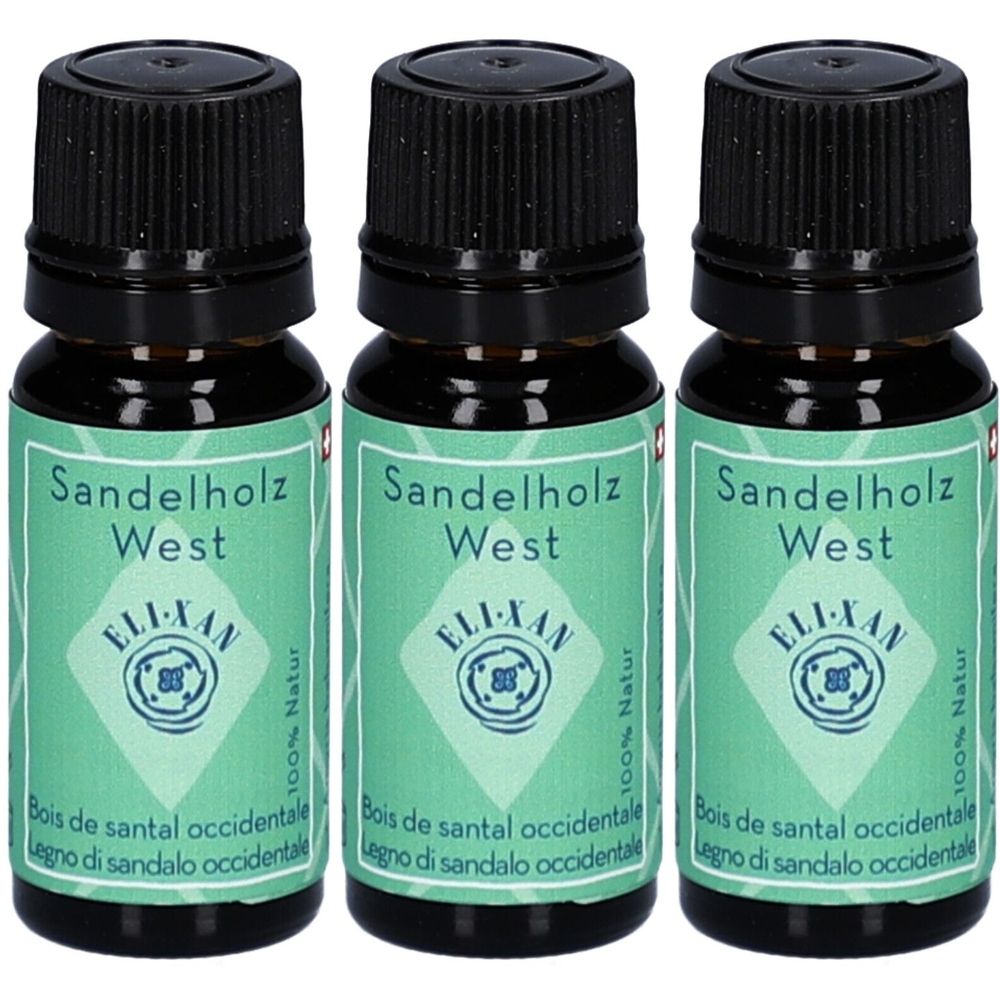 Drei braune Glasflaschen mit schwarzem Deckel. Auf den Etiketten steht "Sandelholz West" und "ELI-XAN".
