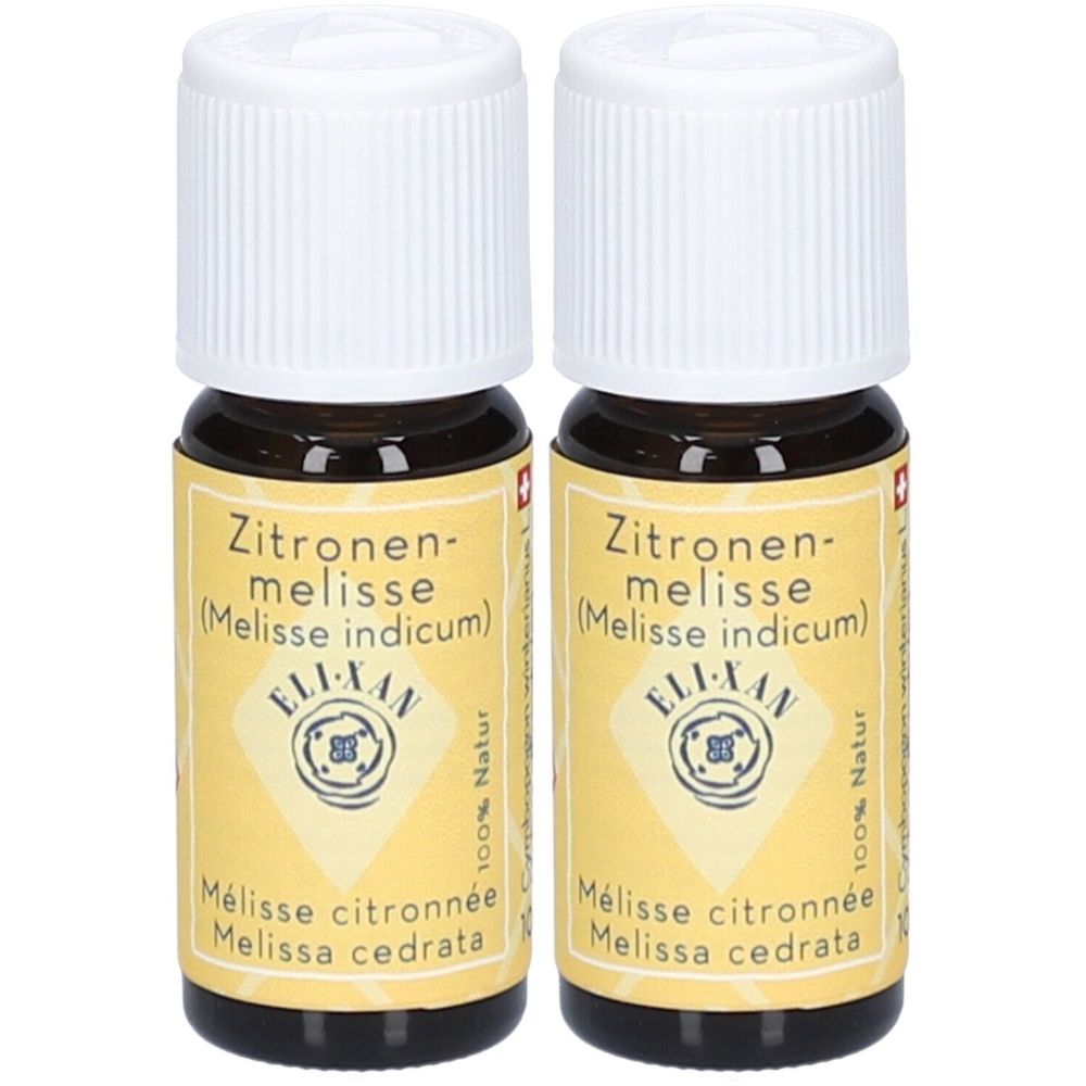 Zwei Fläschchen ELIXAN Zitronenmelisse. Braunglasflaschen mit weißen Schraubverschlüssen und gelben Etiketten mit Produktinformationen.