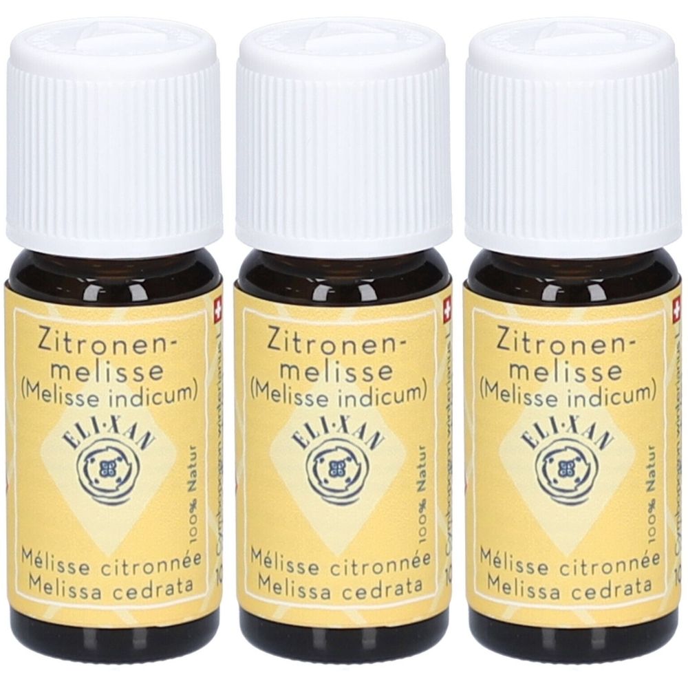 Drei braune Glasflaschen mit weißen Verschlüssen. Etiketten mit Text: Zitronenmelisse, ELIXAN, Mélisse citronnée.