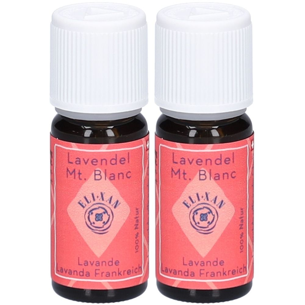 Zwei kleine Flaschen mit weißem Deckel und Etikett. Aufschrift: Lavendel Mt. Blanc, ELIXAN, Lavande Frankreich, 100% Natur.