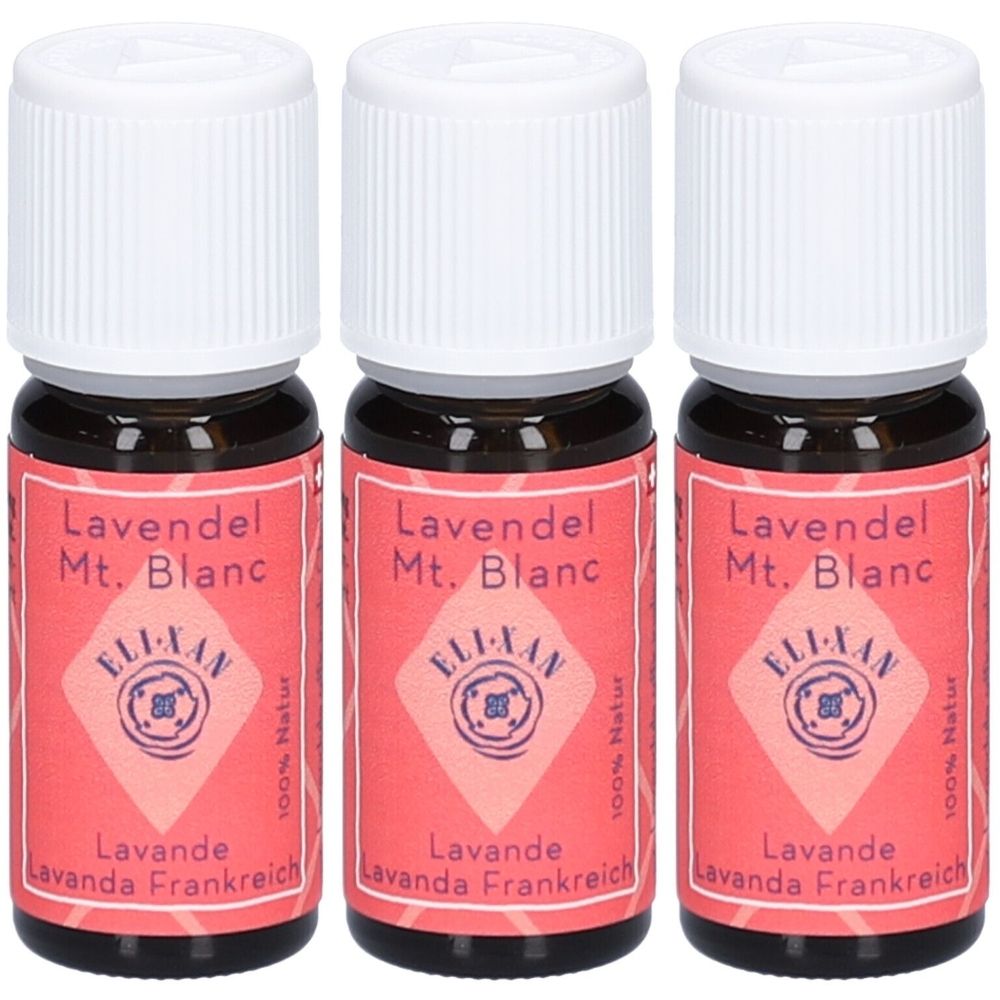 Drei kleine braune Glasflaschen mit weißen Deckeln. Etiketten mit Text: Lavendel Mt. Blanc, ELIXAN, Lavanda Frankreich, 100% Natur.