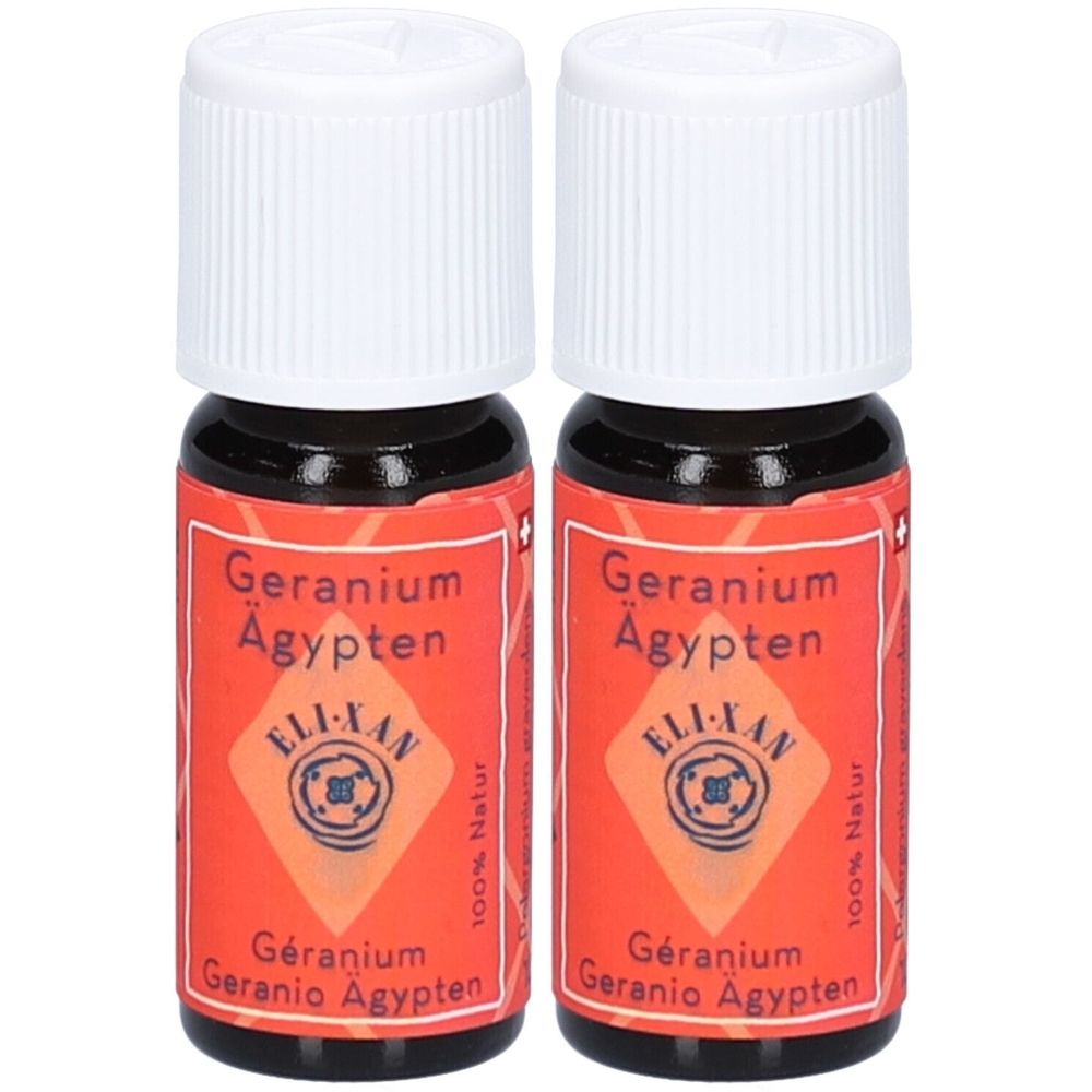 Deux petites bouteilles marron avec bouchons blancs. L'étiquette indique "Geranium Ägypten" et "ELIXAN".