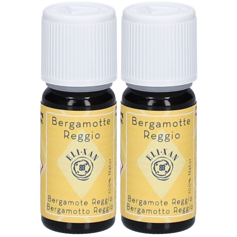 Deux petites bouteilles en verre avec bouchon blanc. Étiquettes : "Bergamotte Reggio" et "ELI-XAN".