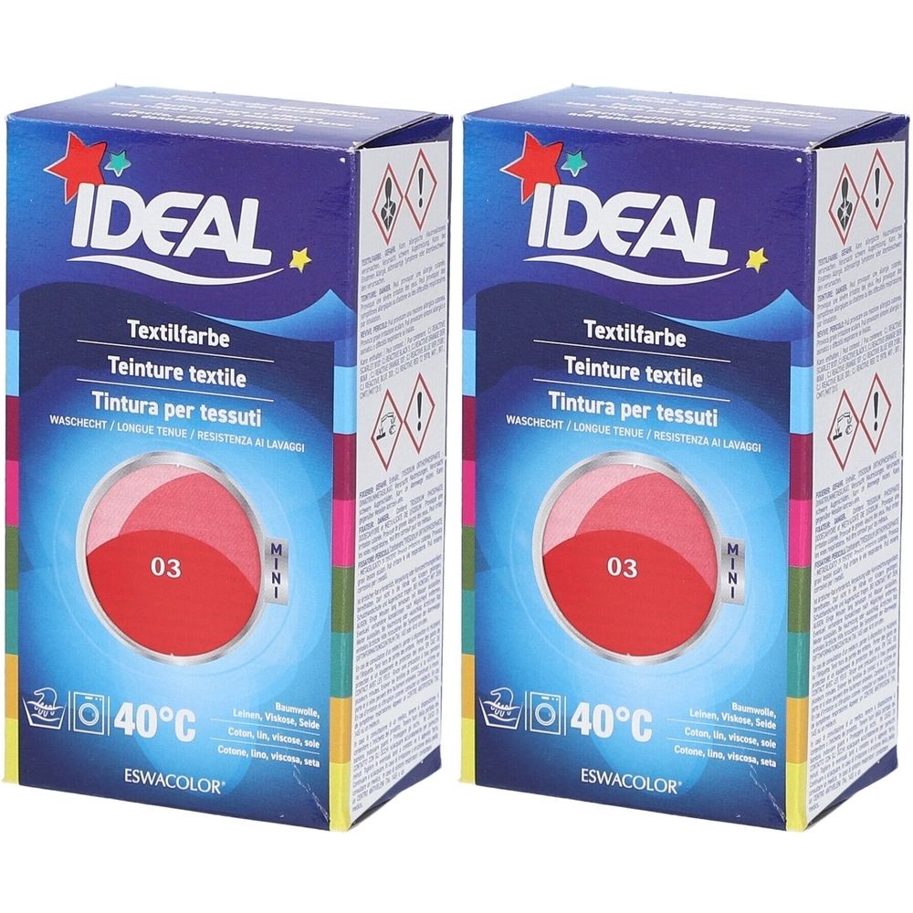 Zwei Packungen Textilfarbe. Blaue Verpackung mit rotem Farbkreis und der Aufschrift "IDEAL". Nummer 03.