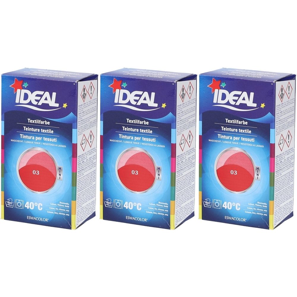 Drei Schachteln Textilfarbe. Auf jeder Schachtel steht IDEAL, Textilfarbe, 03 und 40°C. Die Farbe ist Zinnoberrot.