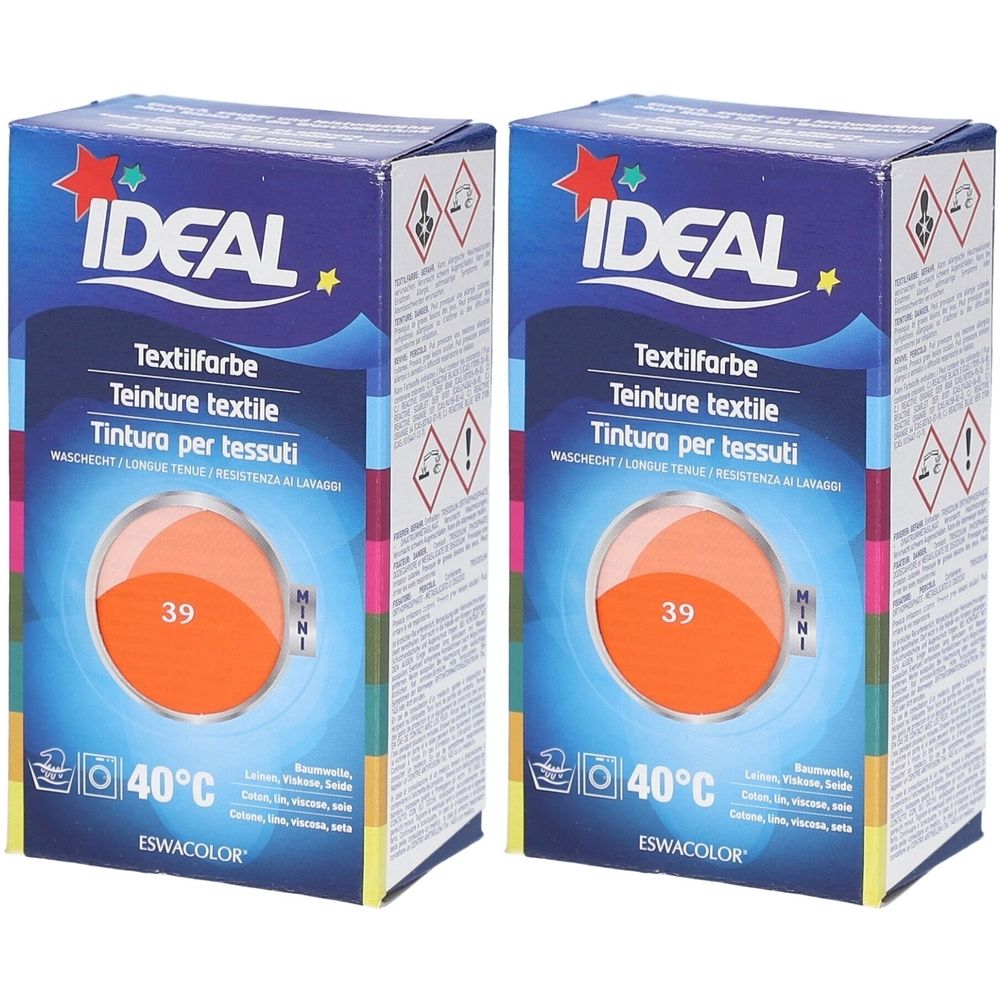 Deux boîtes de teinture textile IDEAL, numéro 39, MINI. Symbole de lavage 40°C. Contenu orange.