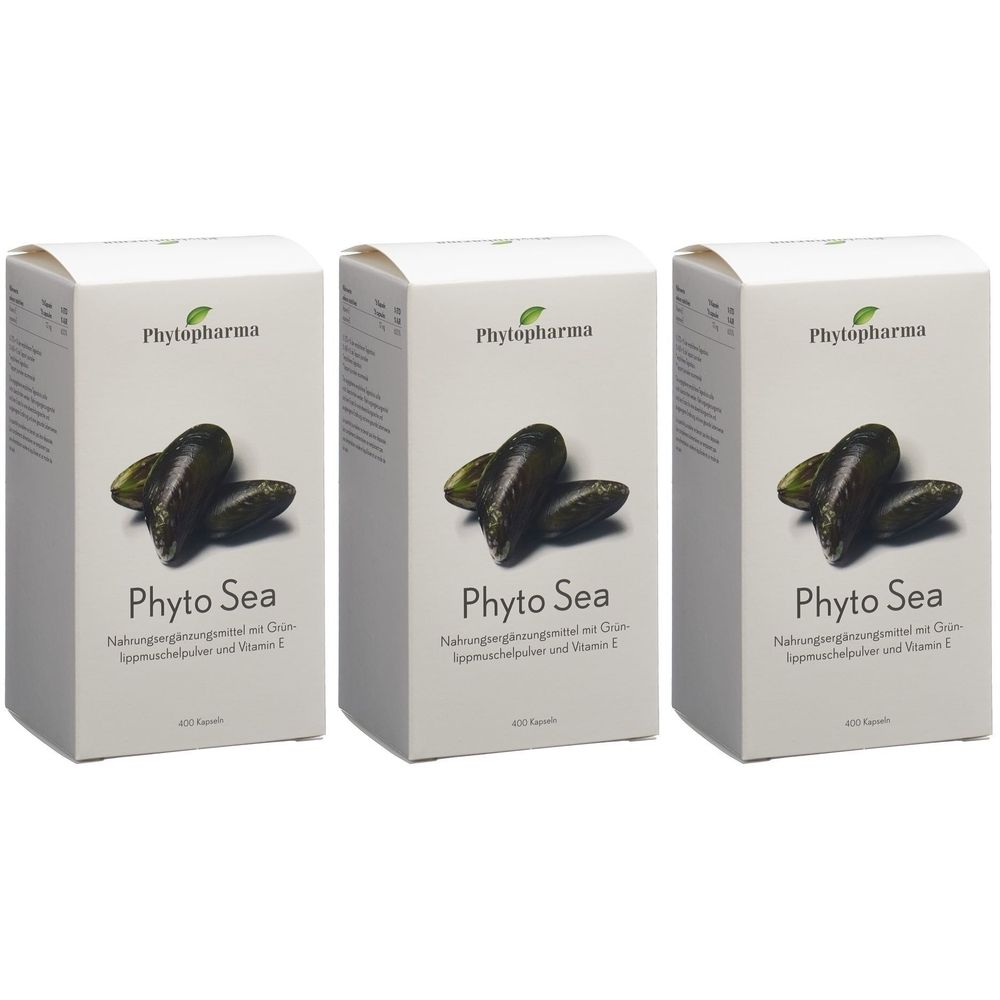 Trois boîtes blanches avec image produit et texte "Phyto Sea". Inscription : Complément alimentaire avec poudre de moules aux orles verts et vitamine E.