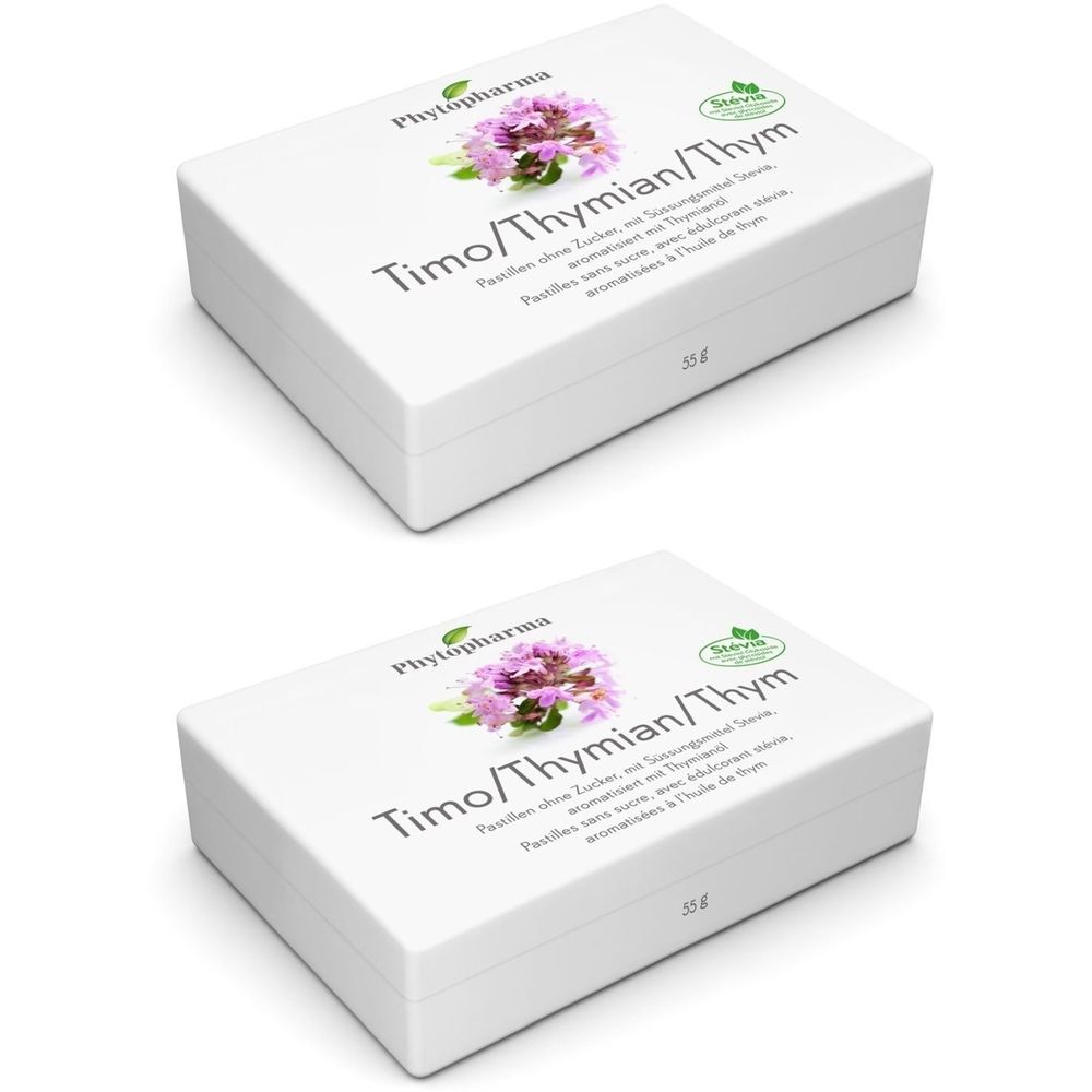 Zwei weiße Schachteln. Aufschrift: Timo/Thymian, Phytopharma. Mit floralem Motiv und Stevia-Siegel. 15g.