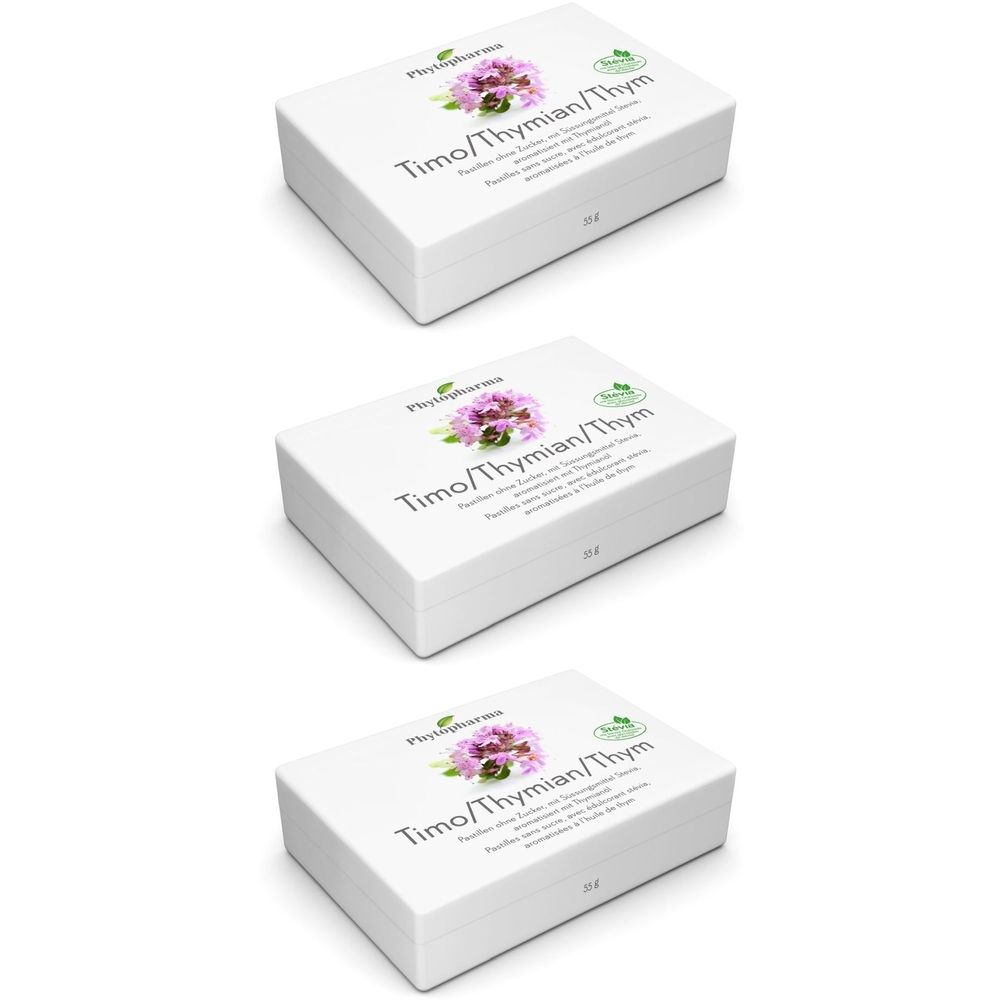 Drei weiße Schachteln mit Produktaufdruck. Aufschrift: Timo/Thymian/Thym. Logo und floralem Motiv. Grün-Siegel.