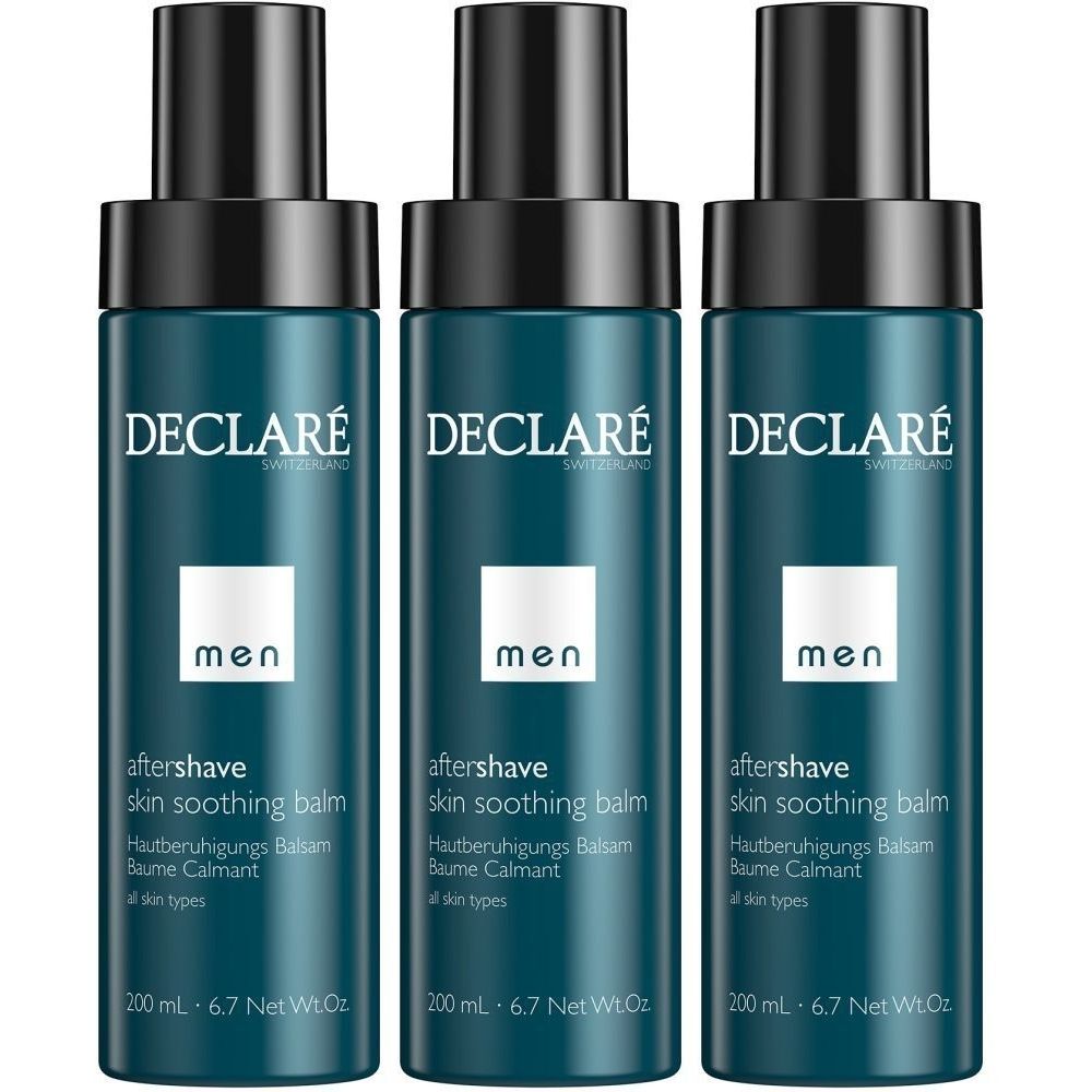 Trois flacons de baume après-rasage. Flacons bleus avec bouchon noir. Inscription : DECLARÉ, men, aftershave, Baume Calmant.