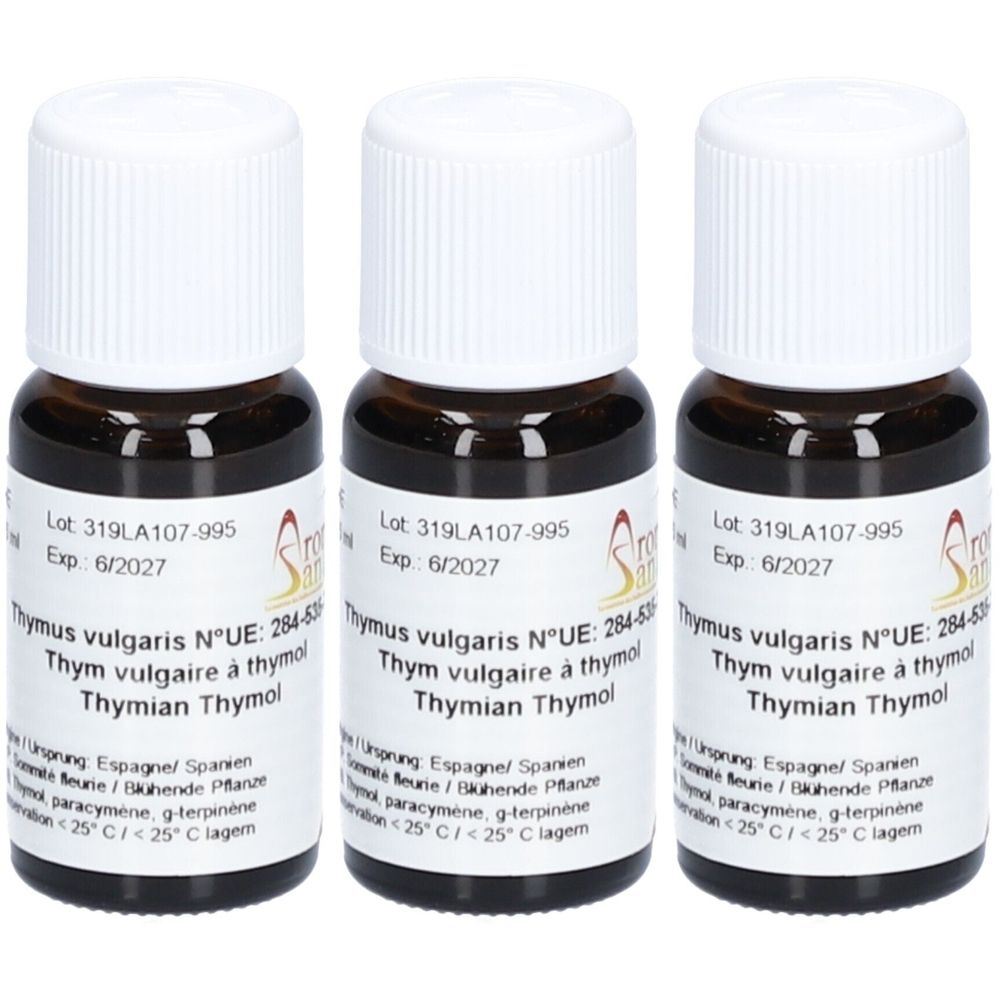 Trois petites bouteilles en verre brun avec des bouchons blancs. L'étiquette indique "Thymian Thymol".