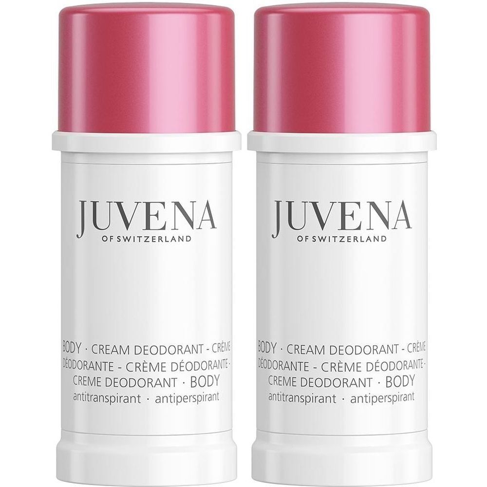 Zwei weiße Deodorant-Stifte mit rosa Deckeln. Aufschrift: JUVENA OF SWITZERLAND. Text: BODY CREAM DEODORANT, Creme Deodorant, antiperspirant.