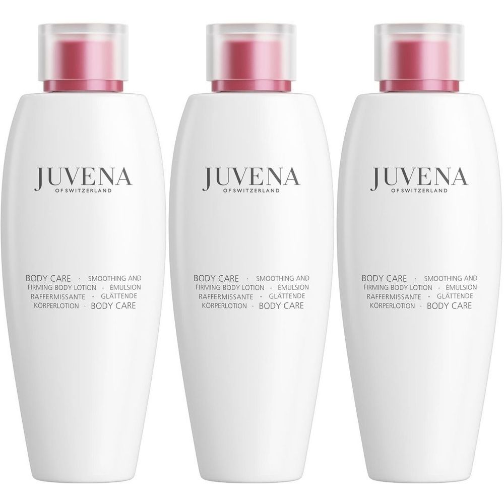 Drei weiße Flaschen mit rosa Deckeln. Aufschrift: Juvena of Switzerland, Body Care, Smoothing and Firming Body Lotion.