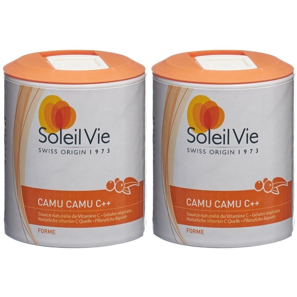 Deux boîtes cylindriques avec couvercles orange. Inscription : Soleil Vie, Camu Camu C++. Boîtes blanches avec logos orange et jaune.