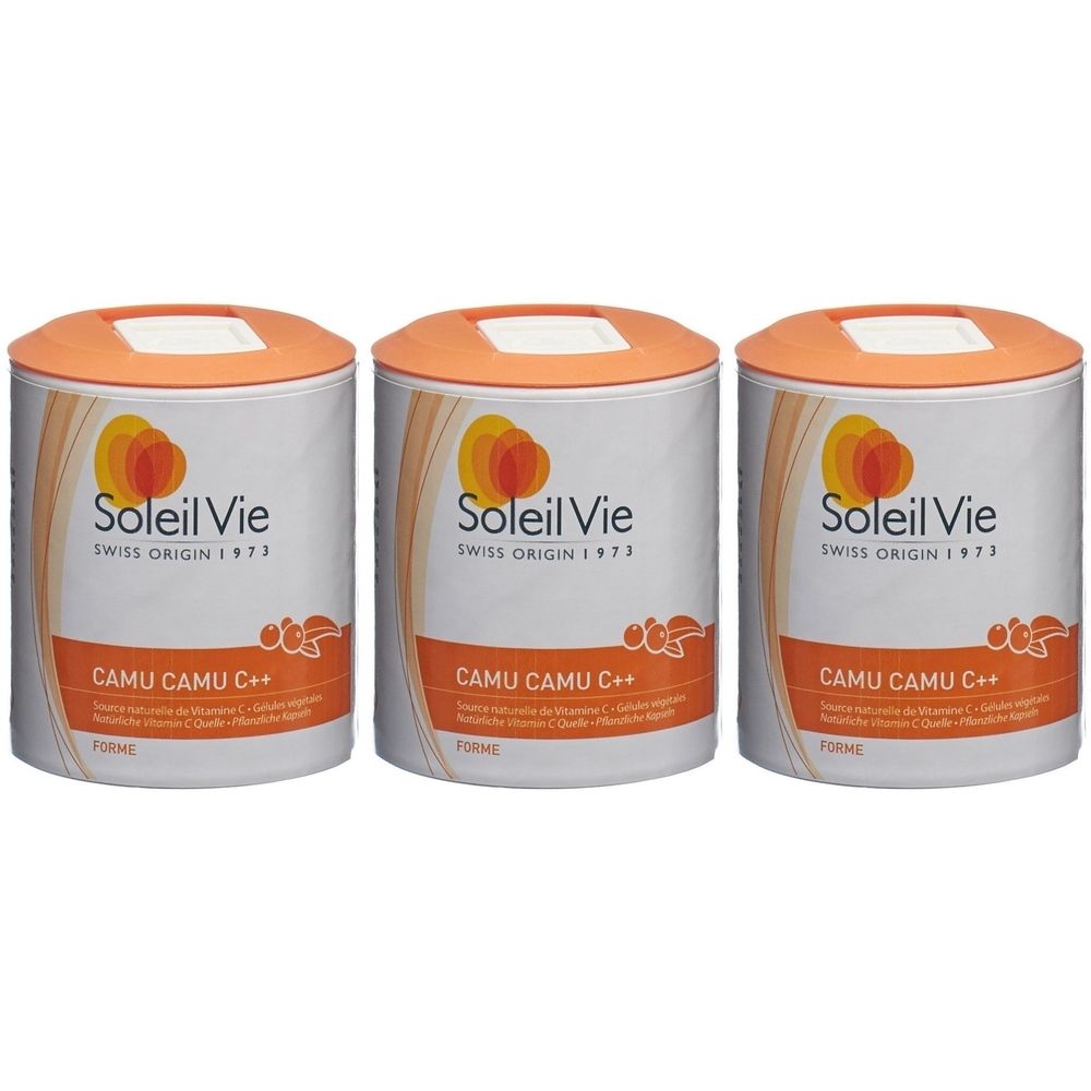 Trois boîtes avec couvercles orange. Chaque boîte porte l'inscription "Soleil Vie" et "CAMU CAMU C++".