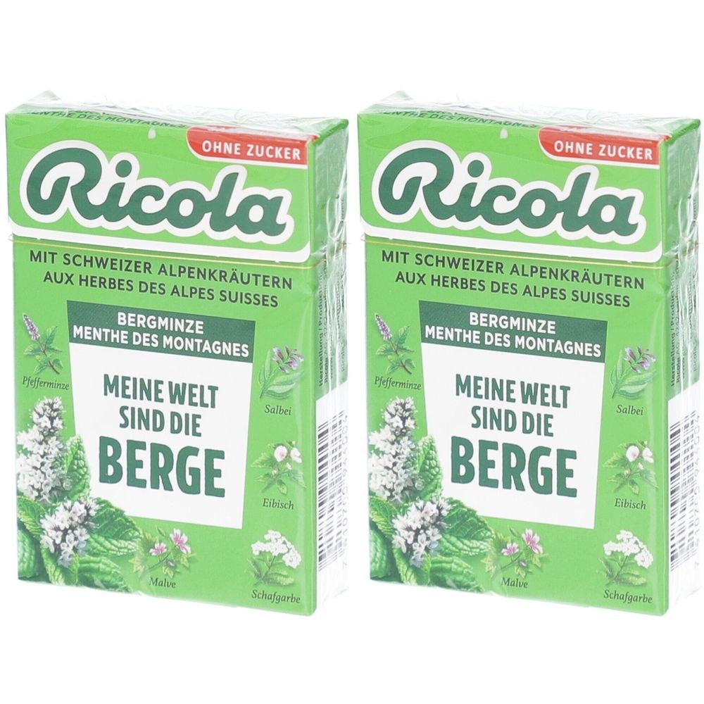 Zwei grüne Schachteln mit "Ricola"-Logo und Text. Aufschrift: "Bergminze", "Ohne Zucker". Kräuterabbildungen.